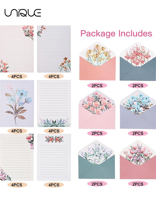 يونيك طقم 36 قطعة من أوراق الكتابة والظروف - طقم قرطاسية ذو طابع أزهار دافئ - 24 ورقة كتابة ذات خطوط مع 12 ظرفًا، لدعوات الزفاف والتمنيات - Image 3