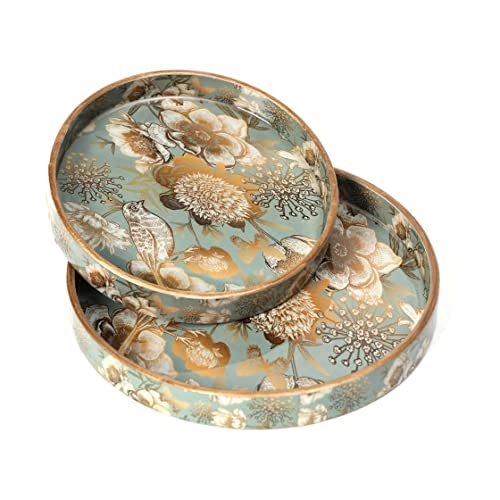 DULI Set of 2 MDF Wood Trays Enamel Coated| Round Trays Set of 2 | Serving Trays | Wooden Tray | Kitchen&Dining Decorative | Resin Tray | Handmade | 7x7 & 9x9 inches (Setof2Round: GreyGoldBirds) - Image 1