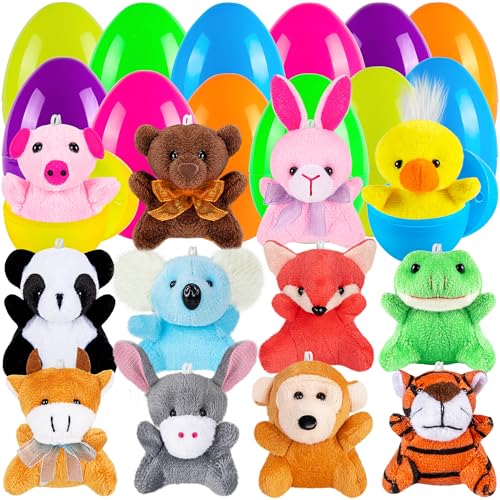 Sofier Plastic Easter Eggs with Animal Toys 12pcs Filled Easter Eggs 34 Easter Basket Stuffers Easter Egg Fillers Kids Classroom Gift Exchange Party Favors - Image 1