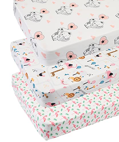 Tontukatu Pack n Play Sheet Stretchy Fitted Portable Mini Crib Sheets Set 3 PackPlayard Sheets Convertible Playard Mattress CoverUltra Soft Jersey MaterialFlamingo Elephant Lion