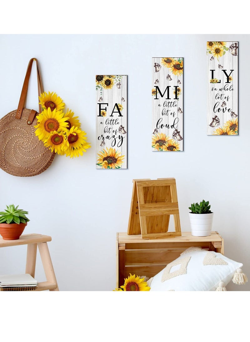 KASTWAVE Inspirational Wall Decor, 3 Pieces Family Sunflower Butterfly Wall Decor, Family a Little Bit of Crazy Love, Loud Rustic Wood Sign, Hanging Wall Decor for Living Room Home Office Kitchen - Image 3