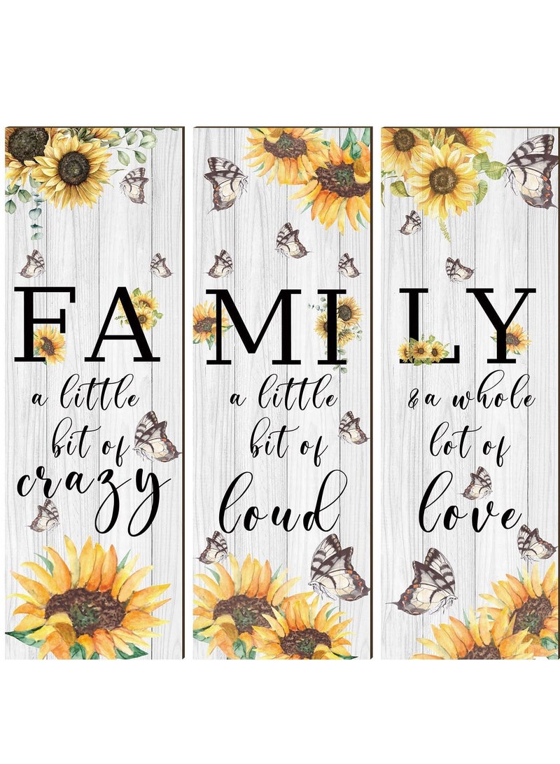KASTWAVE Inspirational Wall Decor, 3 Pieces Family Sunflower Butterfly Wall Decor, Family a Little Bit of Crazy Love, Loud Rustic Wood Sign, Hanging Wall Decor for Living Room Home Office Kitchen - Image 1