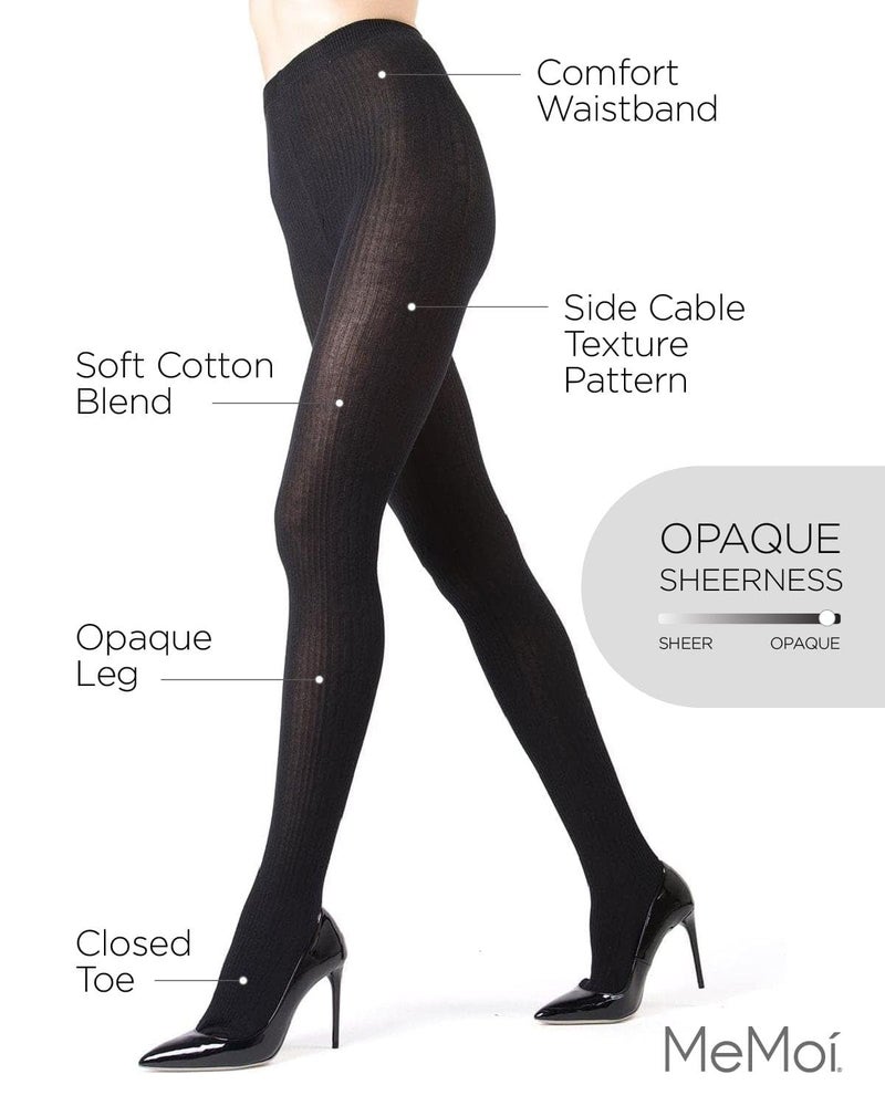 MeMoi Portland Side Cable Knit Cotton Tights for Women, Cozy and Warm Sweater Tights - Sizes Small to X-Large, Black, S-M - Image 3