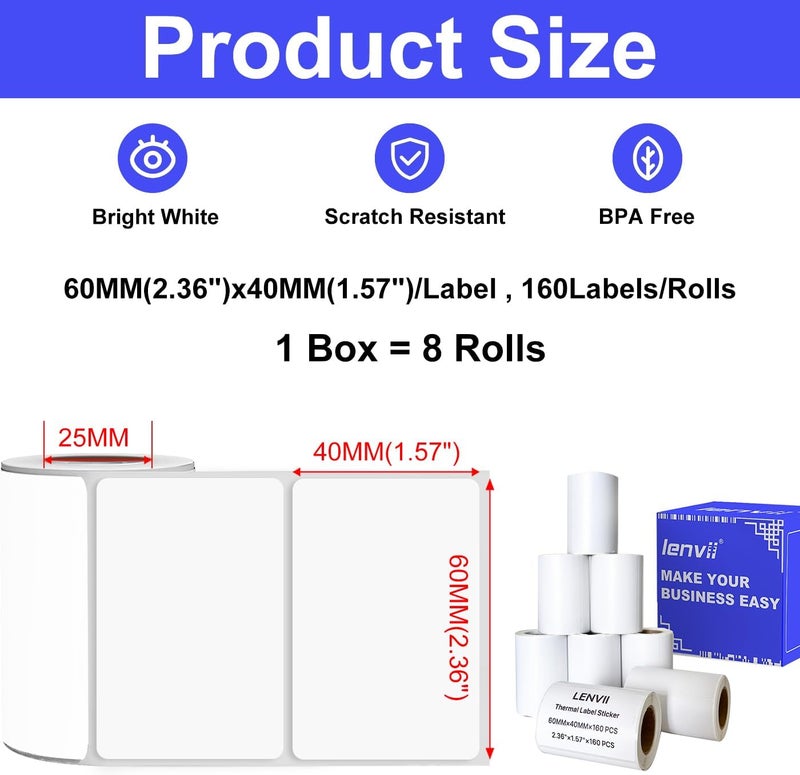 LENVII 60x40mm (2.36"x1.57") Thermal Labels 1280 Sheets -8 Rolls × 160 Labels, 3-Proof (Water/Oil/Scratch) Multi-Use Adhesive Stickers for Address/Barcode/FNSKU Tags -Home/Office/Product/Gift Labeling - Image 2