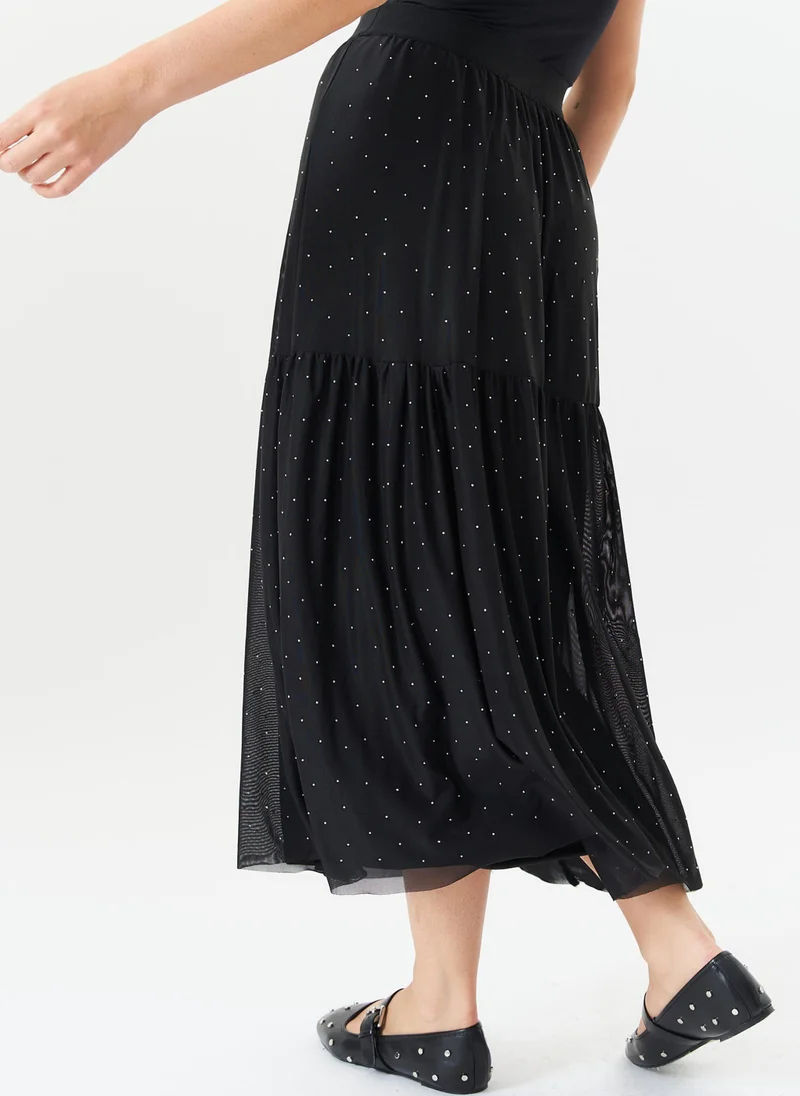 Gini London Black Diamante Mesh Maxi Skirt