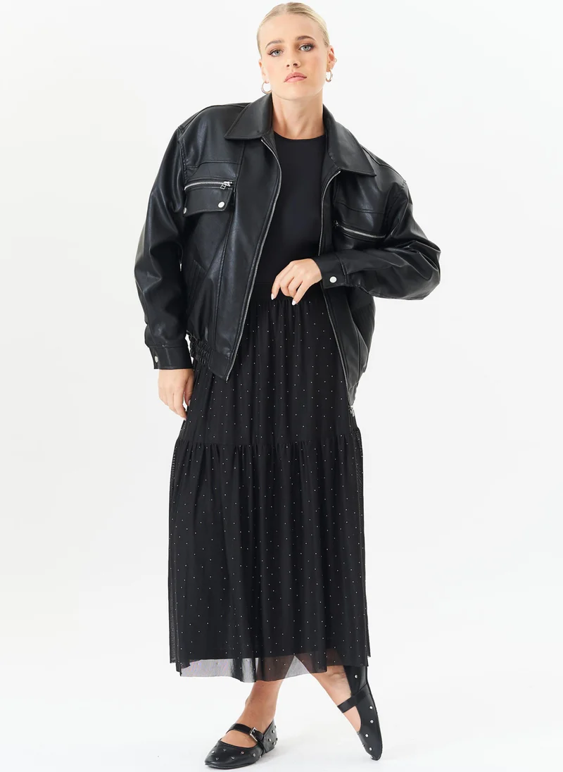 Gini London Black Diamante Mesh Maxi Skirt