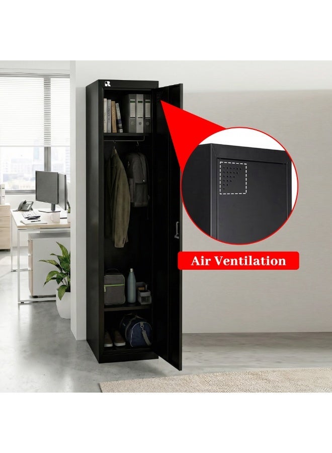 RIGID Single Door Steel Storage Locker with Shelves | Metal Cabinet for Home, School & Office | Secure Key Lock, Plastic Handles, Multi-Compartment Organizer, Black (45D x 38W x 180H cm) Assembled - Image 4