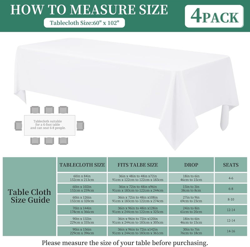 FXKS 4 Pack White Polyester Tablecloth 60 x 102 inch Rectangle Table Cloth for 6 Feet Rectangle Tables,Stain and Wrinkle Resistant Washable Polyester Table Cover for Wedding Parties Banquet Kitchen - Image 3