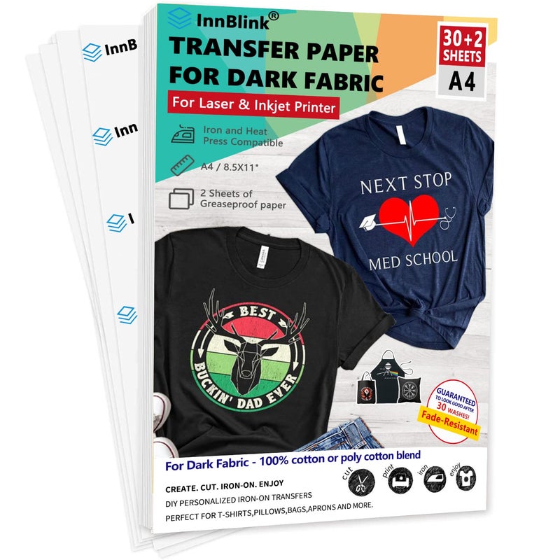 InnBlink Iron on Heat Transfer Paper for Dark T Shirts  30 Sheets 85x11 Printable Transfer Paper for Inkjet and Laser Printer