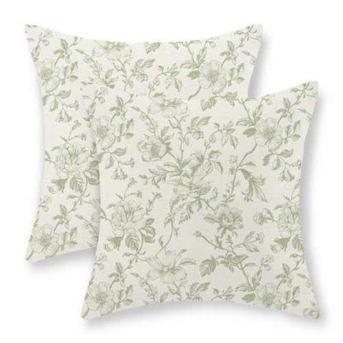 JEFERSO Sage Green Floral Pillow Covers 18x18 Set of 2 Light Green Chinoiserie Floral Decorative Throw Pillows Vintage Rustic Toile Flower Pillowcase Outdoor Decor Linen Cushion Cover for Couch Sofa - Image 1