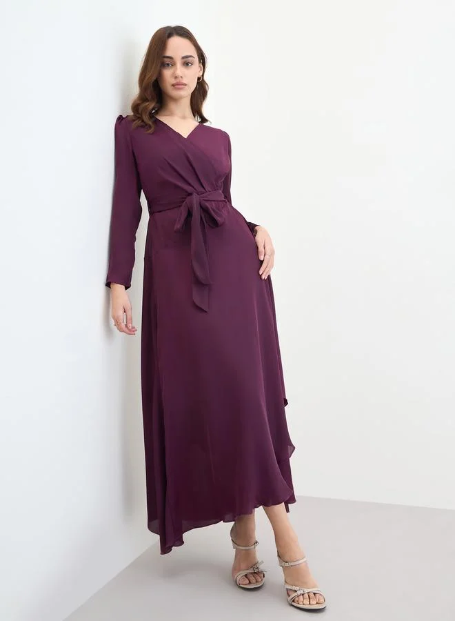 Magenta Long Sleeves A-Line Maxi Dress