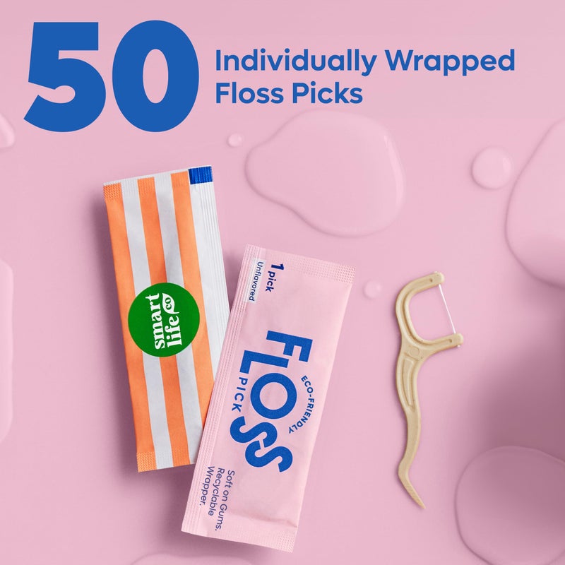 SMARTLIFECO Individually Wrapped Dental Floss Picks (50ct) - Eco-Friendly Flosser Handle Made with Straw Wheat Blend | Great for Travel | PFA Free | Toothpick Stick End | Bamboo Charcoal Thread Whitens Teeth - Image 5
