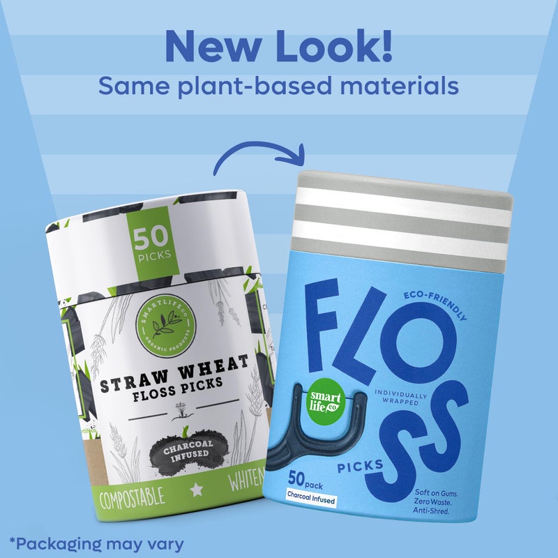 SMARTLIFECO Individually Wrapped Dental Floss Picks (50ct) - Eco-Friendly Flosser Handle Made with Straw Wheat Blend | Great for Travel | PFA Free | Toothpick Stick End | Bamboo Charcoal Thread Whitens Teeth - Image 2