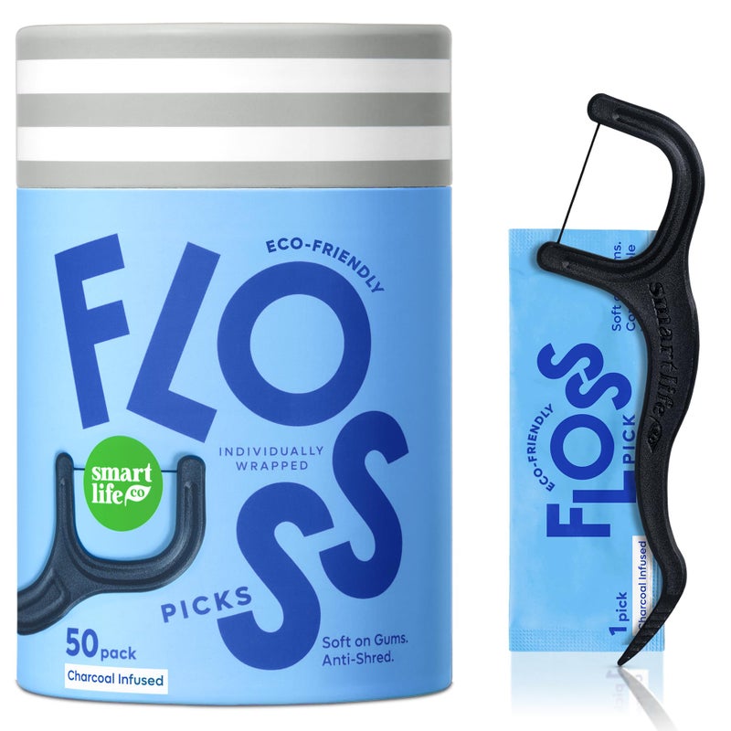 SMARTLIFECO Individually Wrapped Dental Floss Picks (50ct) - Eco-Friendly Flosser Handle Made with Straw Wheat Blend | Great for Travel | PFA Free | Toothpick Stick End | Bamboo Charcoal Thread Whitens Teeth - Image 1