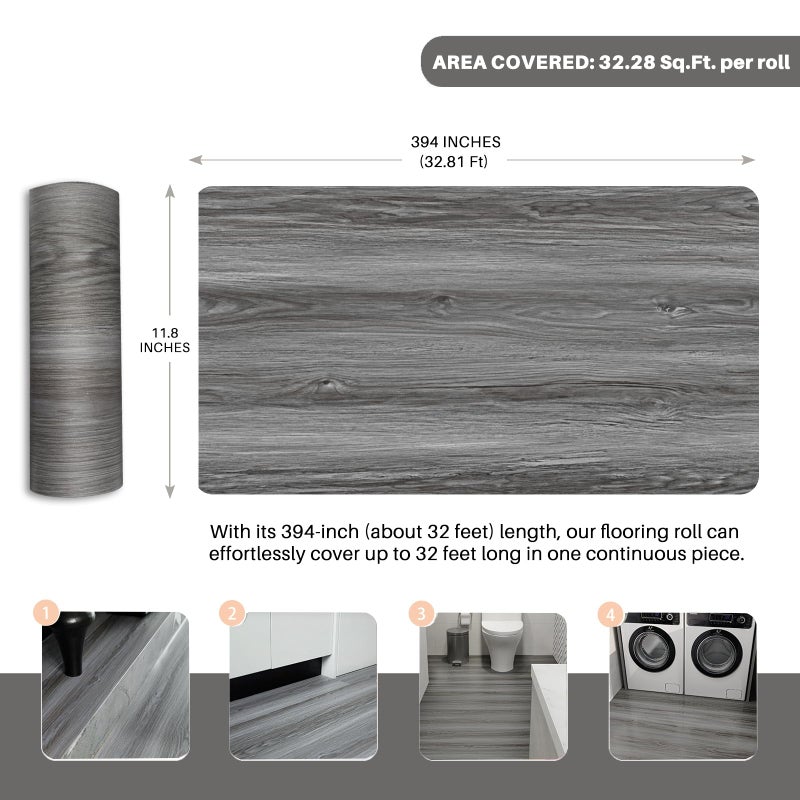 auxua Wood Grain Peel and Stick Floor Tiles â€“ 11.8â€ Width, Full Roll Length of 394" â€“ Versatile Design for Any Space, Grey Self Adhesive Vinyl Flooring, Waterproof and Non-Slip Features - Image 3