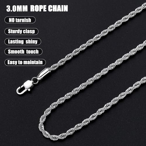 Fiusem Silver Tone Rope Chain Necklace for Men, 3mm Stainless Steel Rope Chain for Men and Women, Silver Tone Necklace 22 Inch - Image 5
