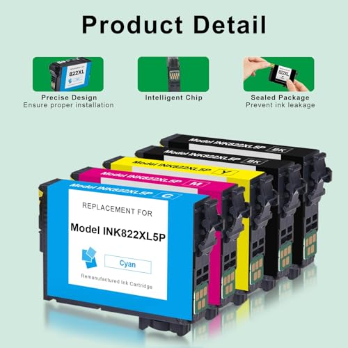 SAILNER Remanufactured Ink Cartridge Replacement for Epson 822XL Ink Cartridges 822 XL T822 High Yield Latest Upgrade for Epson Workforce Pro WF-3820 WF-4830 WF-4820 WF-4830 WF-4833 Printer 822XL (5 Pack) - Image 2