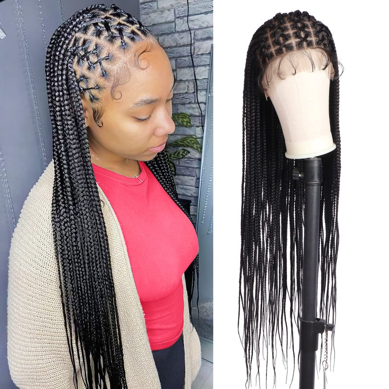Alebery 36" Full Lace Criss Cross Knotless Box Braided Wigs for Black Women Knotless Box Braids Lace Front Wig with Baby Hair Lightweight Synthetic Black Cornrow Braided Wigs (1B) - Image 1