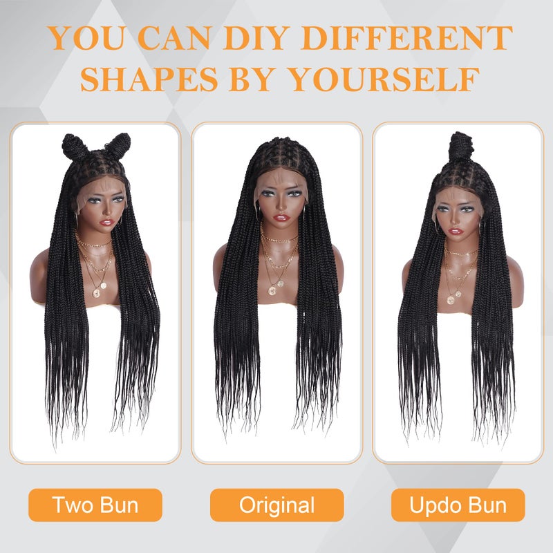 Alebery 36" Full Lace Criss Cross Knotless Box Braided Wigs for Black Women Knotless Box Braids Lace Front Wig with Baby Hair Lightweight Synthetic Black Cornrow Braided Wigs (1B) - Image 2