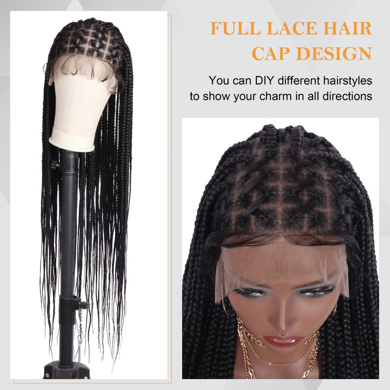 Alebery 36" Full Lace Criss Cross Knotless Box Braided Wigs for Black Women Knotless Box Braids Lace Front Wig with Baby Hair Lightweight Synthetic Black Cornrow Braided Wigs (1B) - Image 3