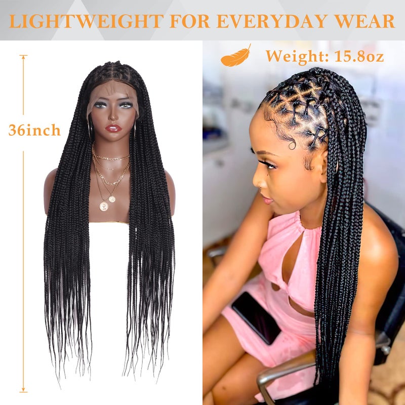 Alebery 36" Full Lace Criss Cross Knotless Box Braided Wigs for Black Women Knotless Box Braids Lace Front Wig with Baby Hair Lightweight Synthetic Black Cornrow Braided Wigs (1B) - Image 4