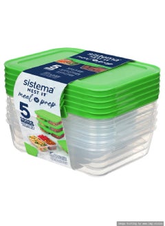 مجموعة من 5 حاويات لتخزين الطعام قابلة للتكديس من Sistema Meal Prep Nest IT بسعة 870 مل، آمنة للاستخدام في الميكروويف وغسالة الأطباق والفريزر وخالية من مادة BPA. أغطية خضراء