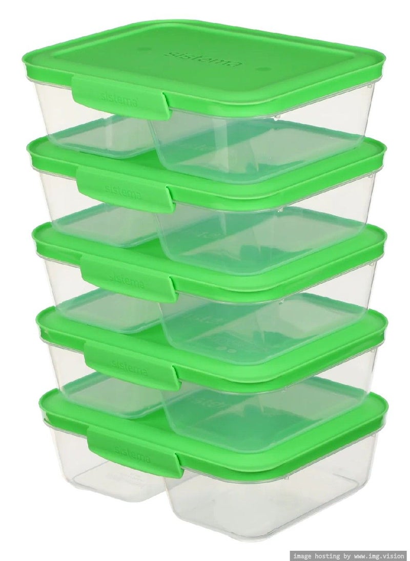 sistema - مجموعة من 5 حاويات لتخزين الطعام قابلة للتكديس من Sistema Meal Prep Nest IT بسعة 870 مل، آمنة للاستخدام في الميكروويف وغسالة الأطباق والفريزر وخالية من مادة BPA. أغطية خضراء - Image 1