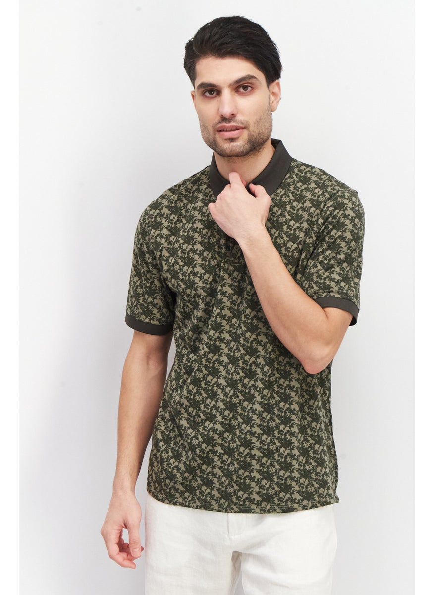 Kenneth Cole - Men Regular Fit Short Sleeve Floral Print Polo Shirt, Green - Image 1