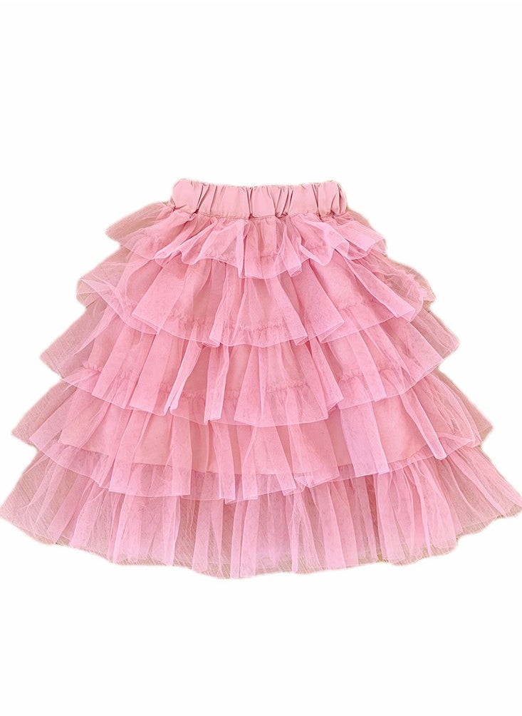 Loquat Girls Solid Color Tutu Skirts Kids Fashion 5-Layer Ruffle Tulle Fluffy Elastic Waist Gauze Skirt Pink  - Image 1