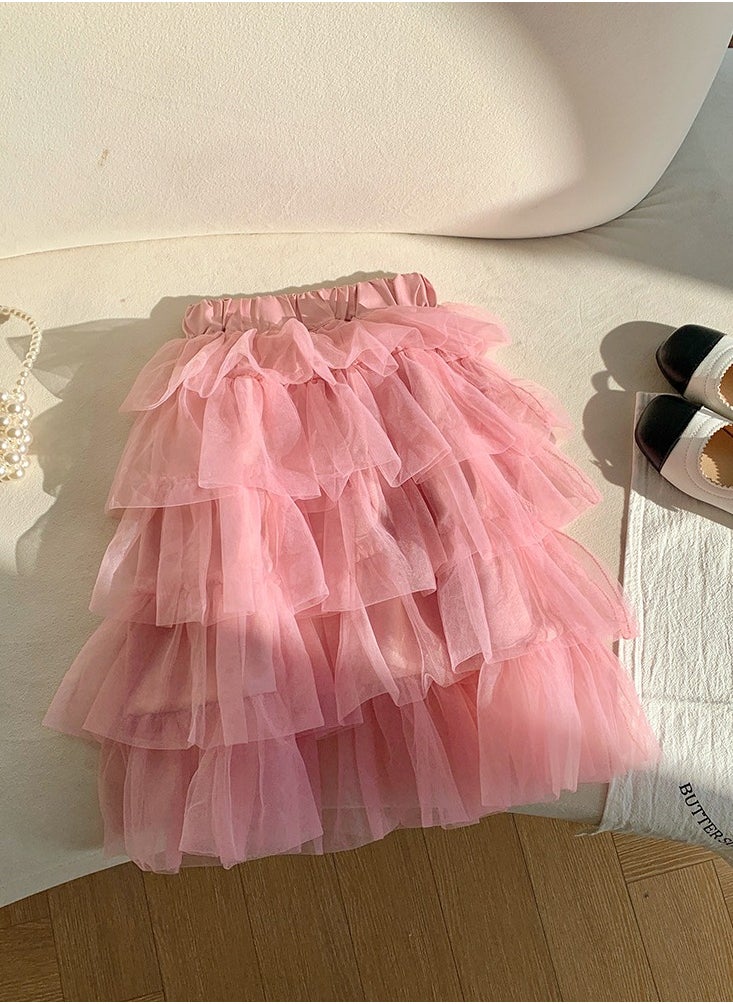 Loquat Girls Solid Color Tutu Skirts Kids Fashion 5-Layer Ruffle Tulle Fluffy Elastic Waist Gauze Skirt Pink  - Image 2