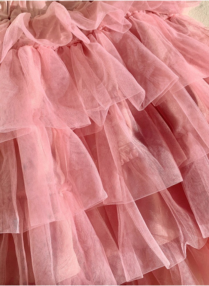 Loquat Girls Solid Color Tutu Skirts Kids Fashion 5-Layer Ruffle Tulle Fluffy Elastic Waist Gauze Skirt Pink  - Image 3