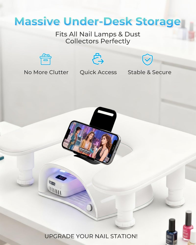 WEEYUM Arm Rest for Nails Tech with Phone Holder,Adjustable Nail Hand Rest for Acrylic Nails,PU Leather-White - Image 3