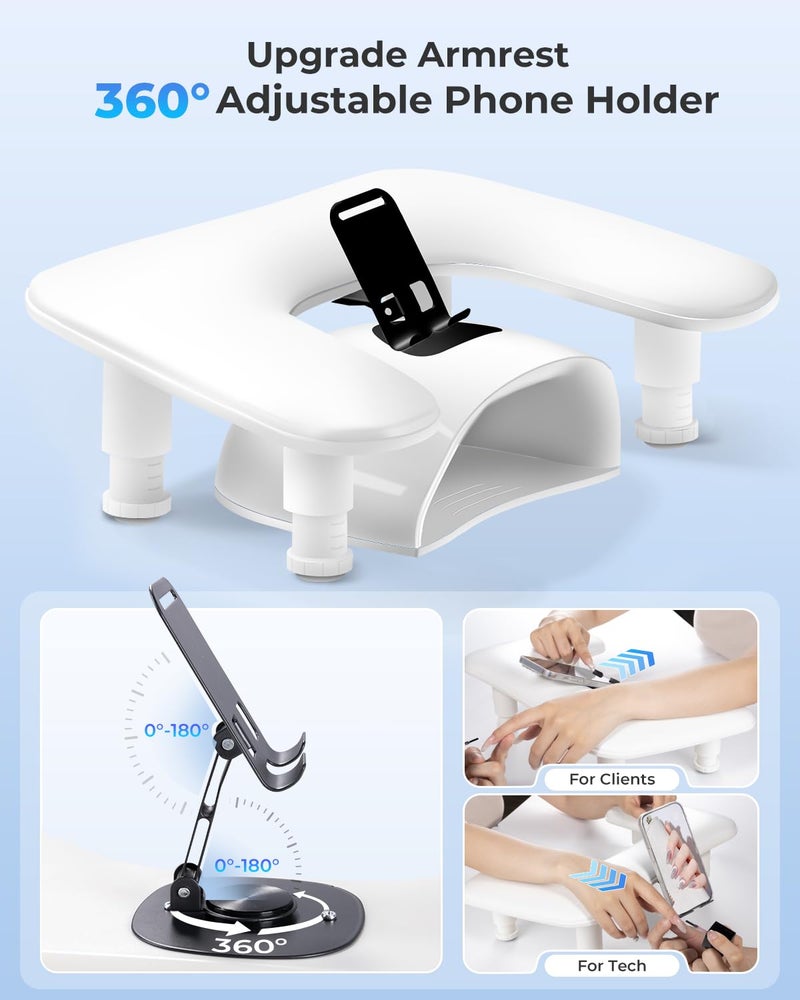 WEEYUM Arm Rest for Nails Tech with Phone Holder,Adjustable Nail Hand Rest for Acrylic Nails,PU Leather-White - Image 2