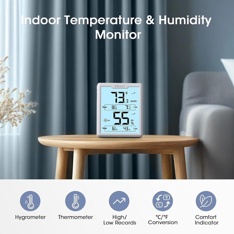 DOQAUS دوقاوس () جهاز قياس رطوبة رقمي داخلي، مقياس حرارة مزود بشاشة عرض LCD كبيرة، جهاز مراقبة لدرجة الحرارة والرطوبة مع إمكانية تسجيل القيم القصوى والدنيا، لون أبيض - Image 3