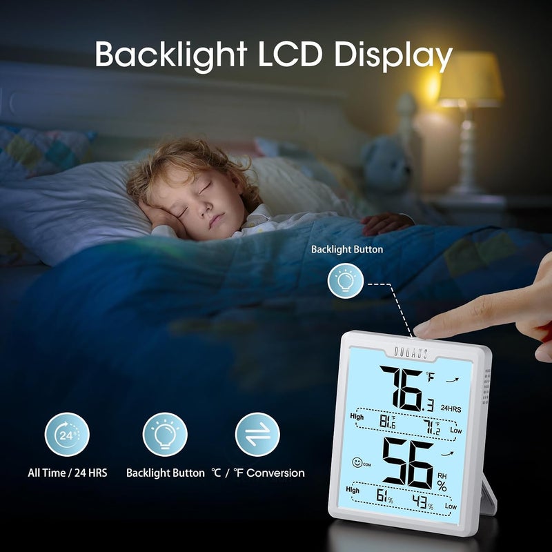 DOQAUS دوقاوس () جهاز قياس رطوبة رقمي داخلي، مقياس حرارة مزود بشاشة عرض LCD كبيرة، جهاز مراقبة لدرجة الحرارة والرطوبة مع إمكانية تسجيل القيم القصوى والدنيا، لون أبيض - Image 2