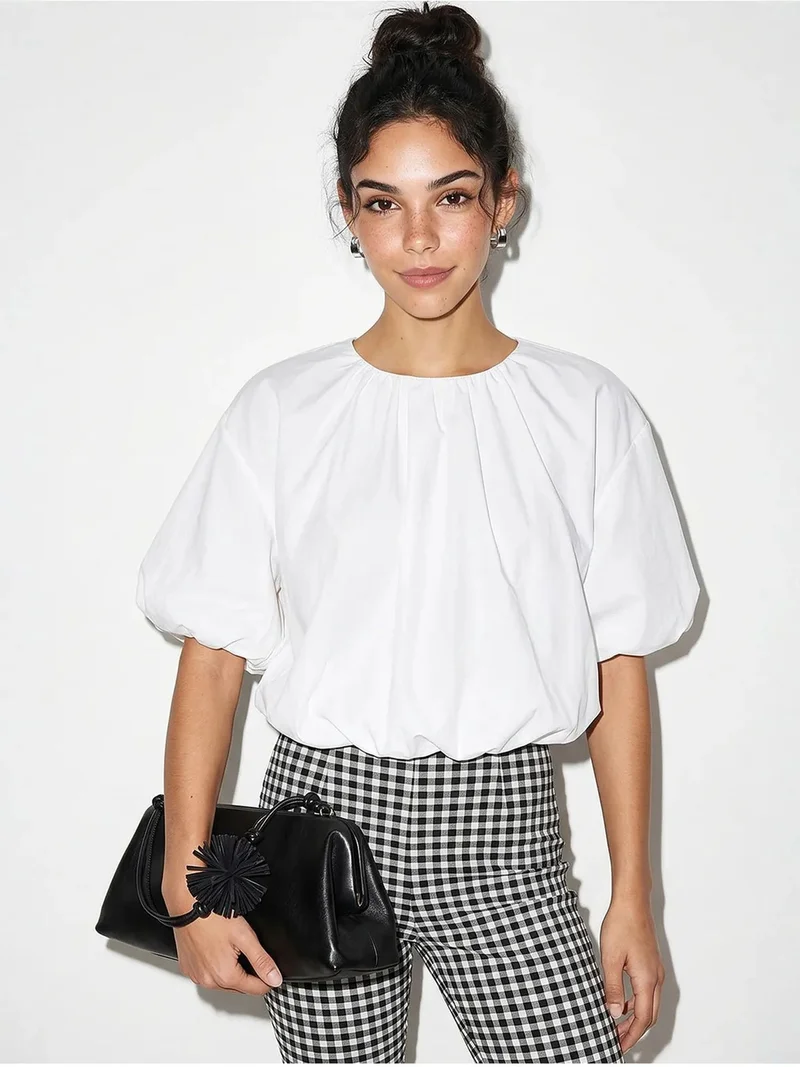 بيانكو لوتشي LUCCI Crop Poplin Blouse With Crew Neck