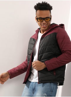 Campus Sutra Men's Black & Maroon Micro-Checkered Quilted Puffer Jacket  - Image 1