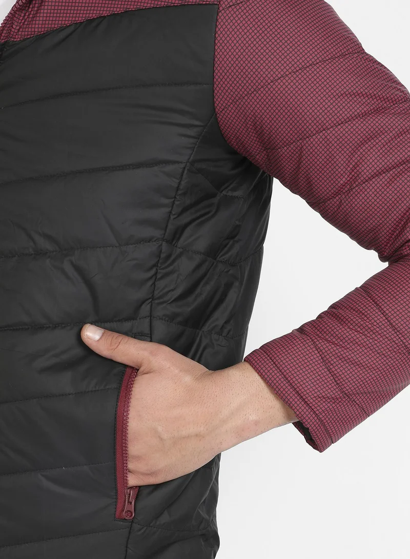 Campus Sutra Men's Black & Maroon Micro-Checkered Quilted Puffer Jacket