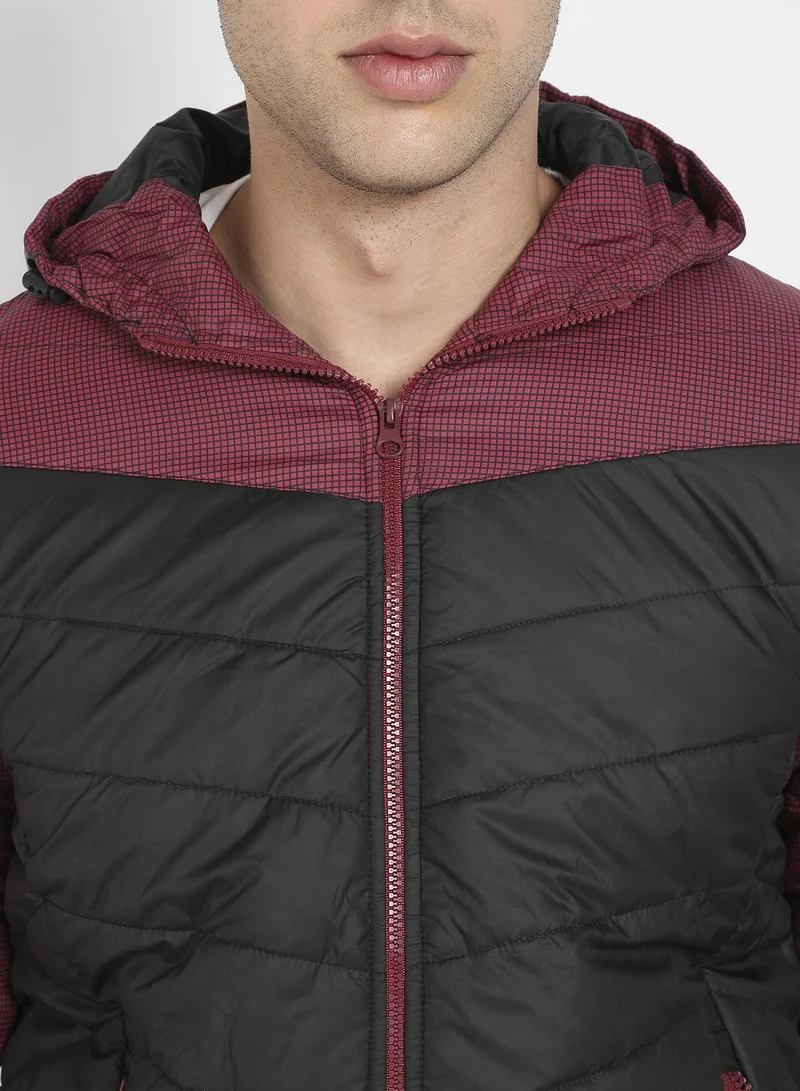 Campus Sutra Men's Black & Maroon Micro-Checkered Quilted Puffer Jacket