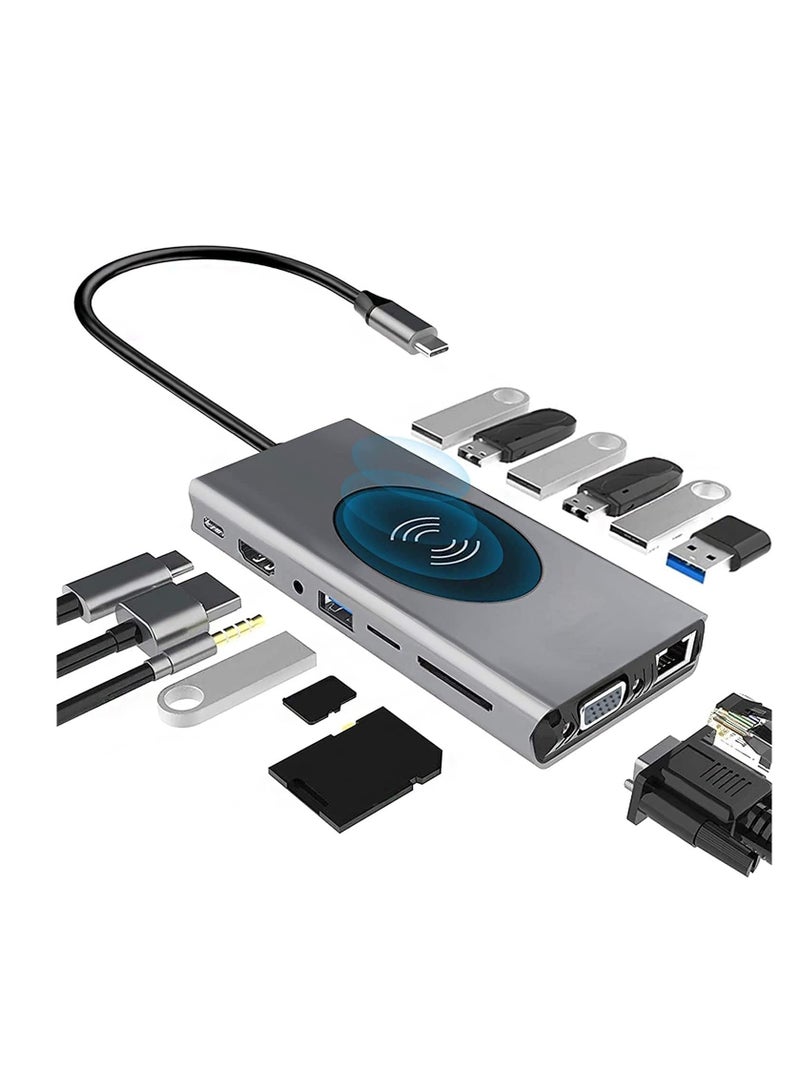 Beauenty 15-in-1 USB C Hub Docking Station with Wireless Charger, Multiport to HDMI 4K Adapter, VGA, 7 USB, SD/TF Card Reader, Gigabit Ethernet, Aduio Jack for MacBook/Dell/Lenovo/HP/Type Device, Silver - Image 4
