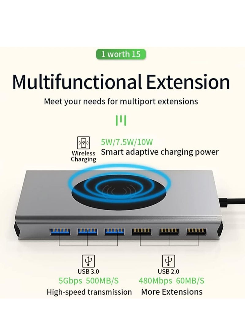 Beauenty 15-in-1 USB C Hub Docking Station with Wireless Charger, Multiport to HDMI 4K Adapter, VGA, 7 USB, SD/TF Card Reader, Gigabit Ethernet, Aduio Jack for MacBook/Dell/Lenovo/HP/Type Device, Silver - Image 3