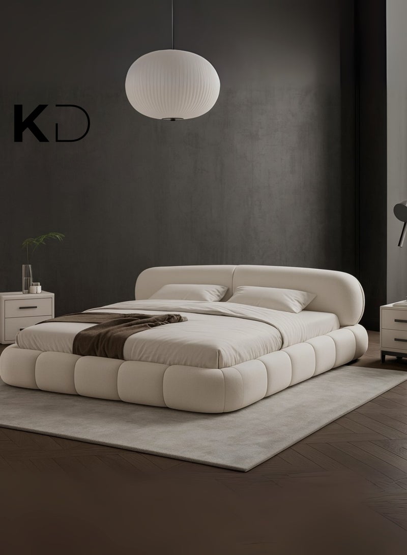 KustomDeco Cloud Velvet Upholstered Low-Profile Bed Frame with Rounded Cushioned Customizable Bed Design – Modern Luxury Cream Fabric Platform Bed Queen Size 150x200cm - Image 3