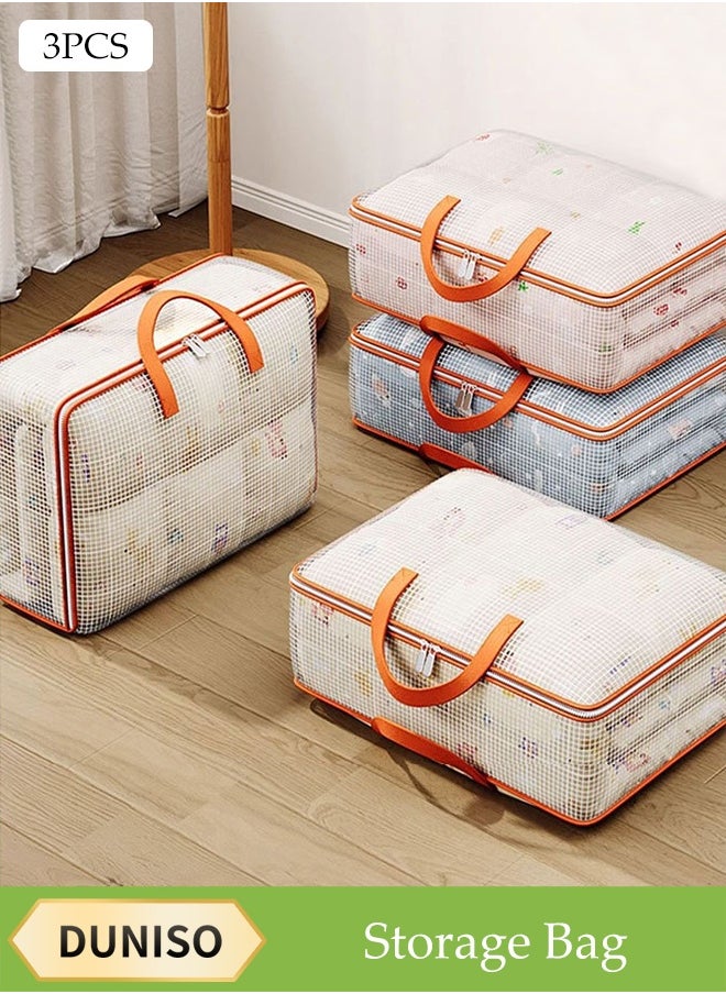 DUNISO 3 Pcs Quilt Storage Bag，PVC Mesh Cotton Quilt Bag，Large Capacity Clothes Storage Bag，Moving Storage Bag，Quilted Clothing Storage Bag with Handle and Double Zipper，Waterproof and Moisture-proof，58*22*34cm，Clear  - Image 1