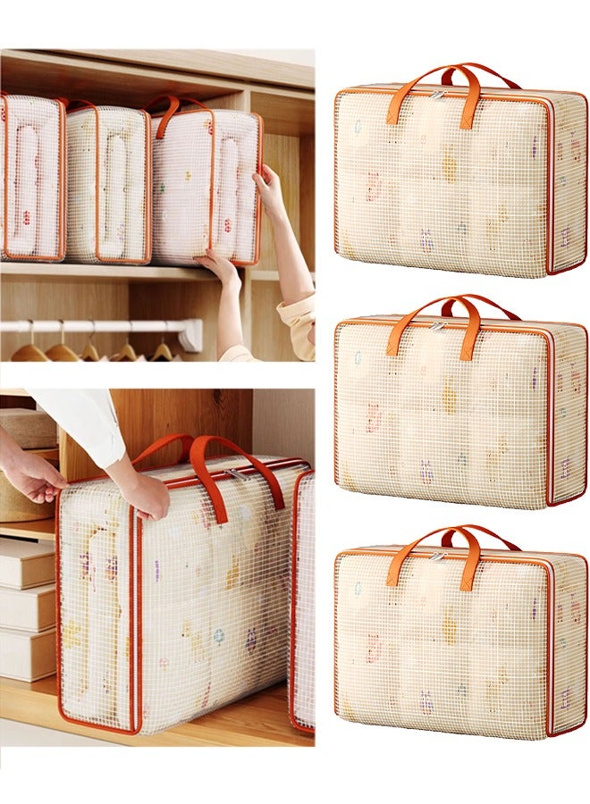 DUNISO 3 Pcs Quilt Storage Bag，PVC Mesh Cotton Quilt Bag，Large Capacity Clothes Storage Bag，Moving Storage Bag，Quilted Clothing Storage Bag with Handle and Double Zipper，Waterproof and Moisture-proof，58*22*34cm，Clear - Image 1