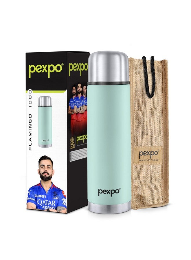 Pexpo Thermosteel Flip Lid Flask Flamingo, 1000 milliliters, Sea Green | Stainless Steel Bottle with Jute Bag | Leak Proof | Travelling | School & Trekking | Office | Men, Women & Kids - Image 1