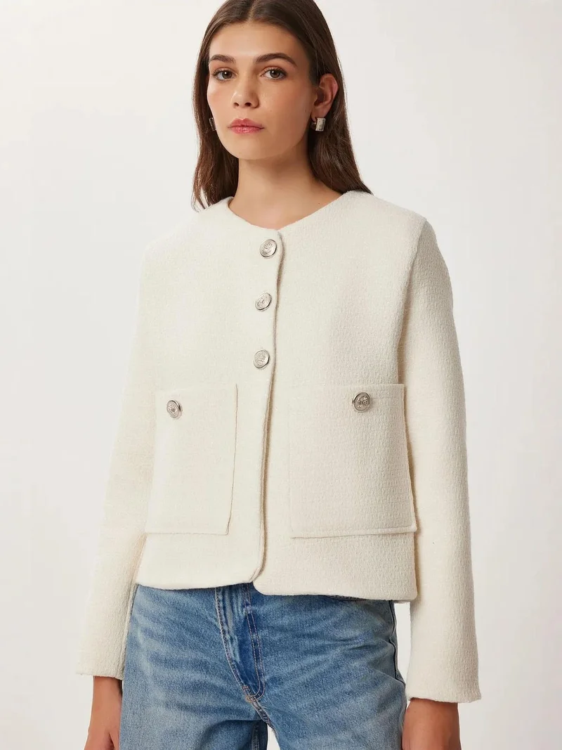 Lovely Istanbul ISTANBUL Textured Tweed Buttoned Long Sleeve Jacket