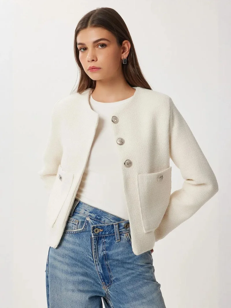 Lovely Istanbul ISTANBUL Textured Tweed Buttoned Long Sleeve Jacket