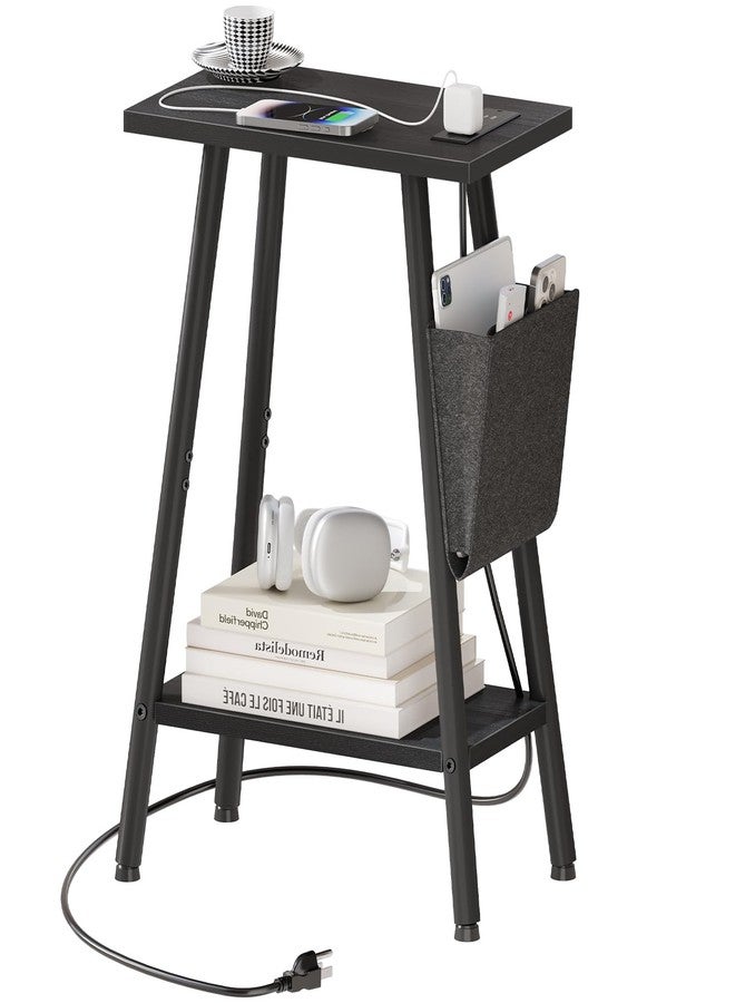 MOHOPE Small Narrow Side Table with Charging Station | Skinny End Table with Storage Bag | 2-Tier Slim Nightstand with USB & Type-C Ports | Sofa Table for Small Spaces | Living Room, Bed Room | Black - Image 1