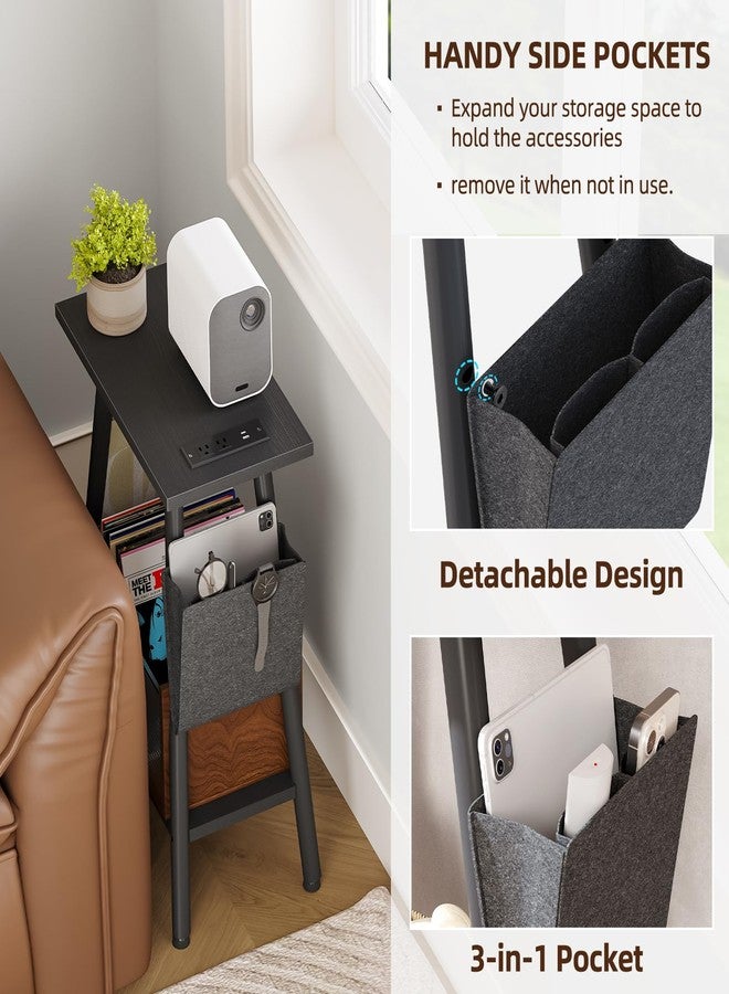 MOHOPE Small Narrow Side Table with Charging Station | Skinny End Table with Storage Bag | 2-Tier Slim Nightstand with USB & Type-C Ports | Sofa Table for Small Spaces | Living Room, Bed Room | Black - Image 4
