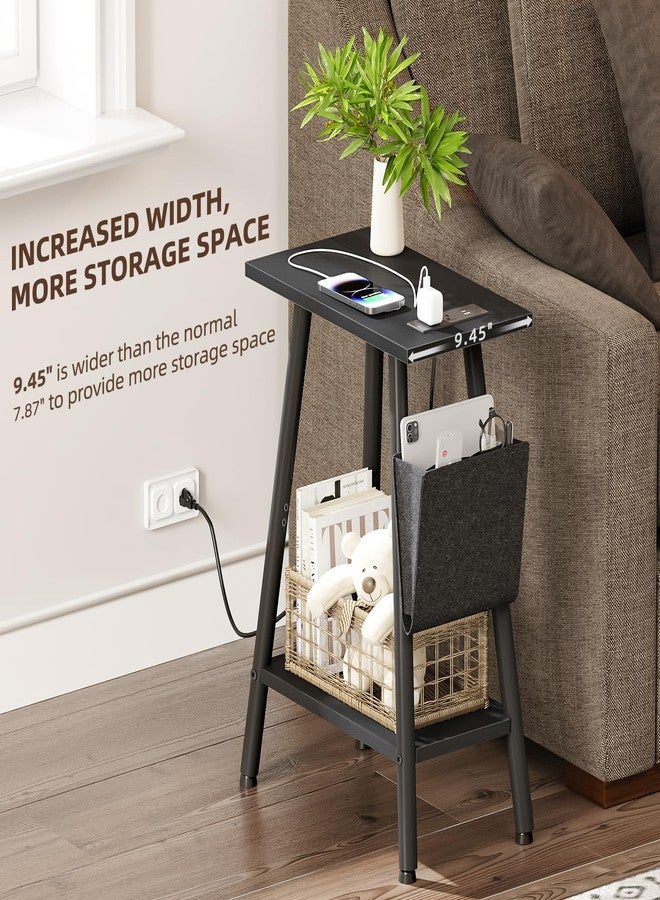 MOHOPE Small Narrow Side Table with Charging Station | Skinny End Table with Storage Bag | 2-Tier Slim Nightstand with USB & Type-C Ports | Sofa Table for Small Spaces | Living Room, Bed Room | Black - Image 2